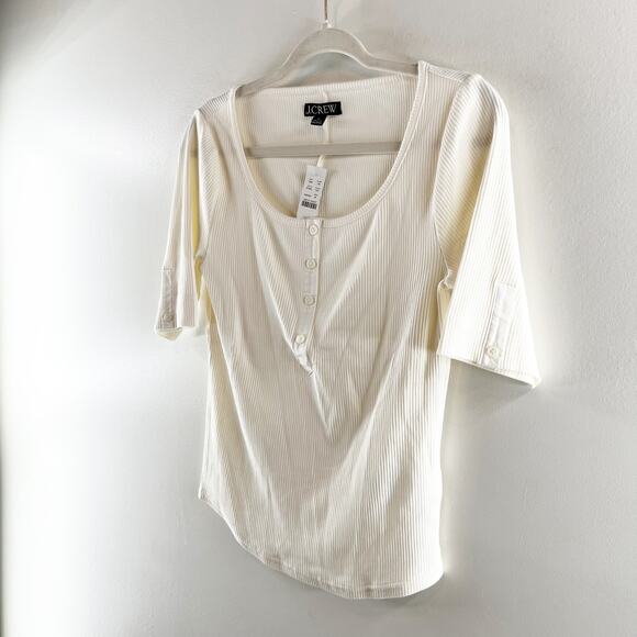 J. Crew Vintage Rib Henley Square Round Neck Short Sleeve Tee Shirt Ivory Medium - Picture 6 of 7